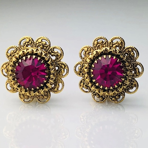 Vintage Art Nouveau Victorian Filigree Fuchsia Pink Crystal Brooch Earrings - Picture 5 of 9